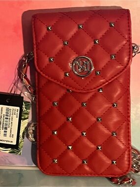 Badgley Mischka Red Quilted Crossbody Phone Case with Studs